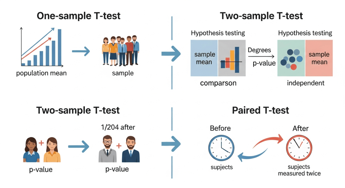 one-sample, two-sample, and paired T tests