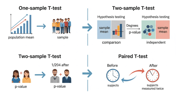 one-sample, two-sample, and paired T tests